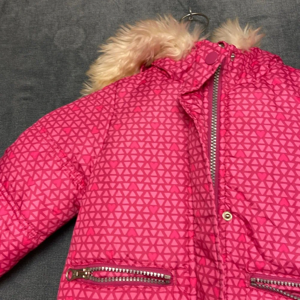 OshKosh B'gosh Hooded Puffer Jacket Girls 4T Pink Geometric Heart Print Full Zip